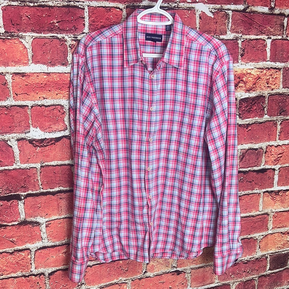Jack Maverick Men’s Plaid Button Down Shirt Size L Red Blue Cotton